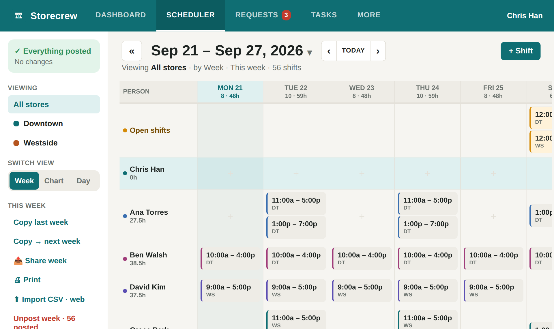 The week's roster on a computer: a column per day, a row per person, shifts as chips