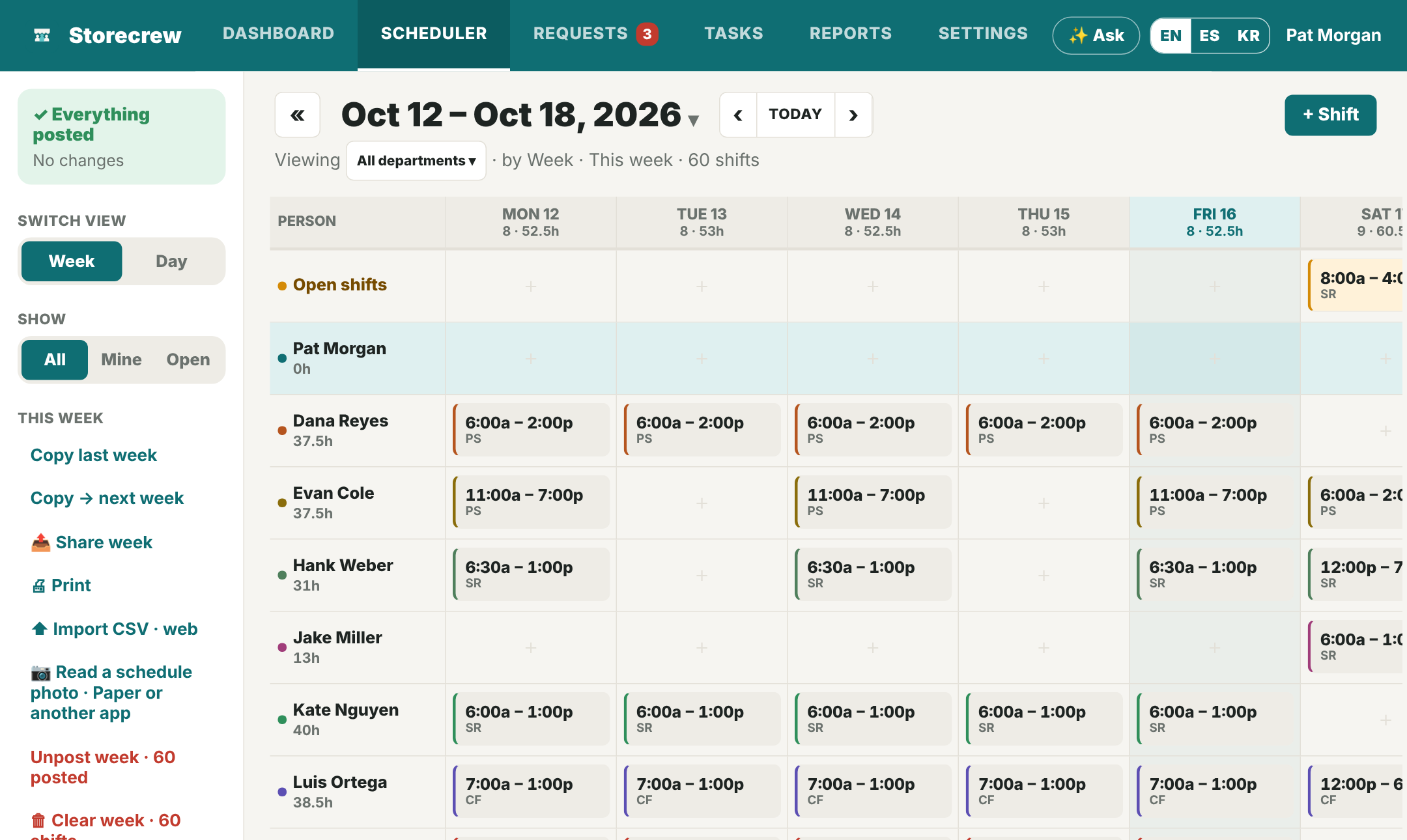 A golf course's week on a computer: a row per person, shifts tagged PS, SR, CF and CB for the four departments