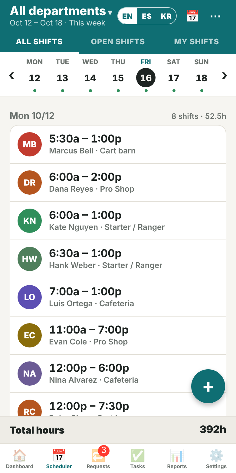 Today's shifts across all departments on a phone, from the 5:30 AM cart barn opener on