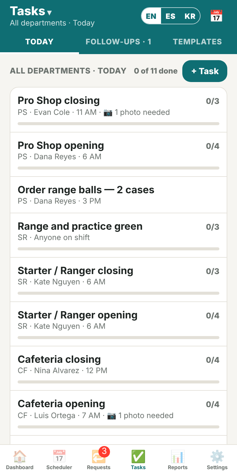 Today's opening and closing checklists for each department on a phone