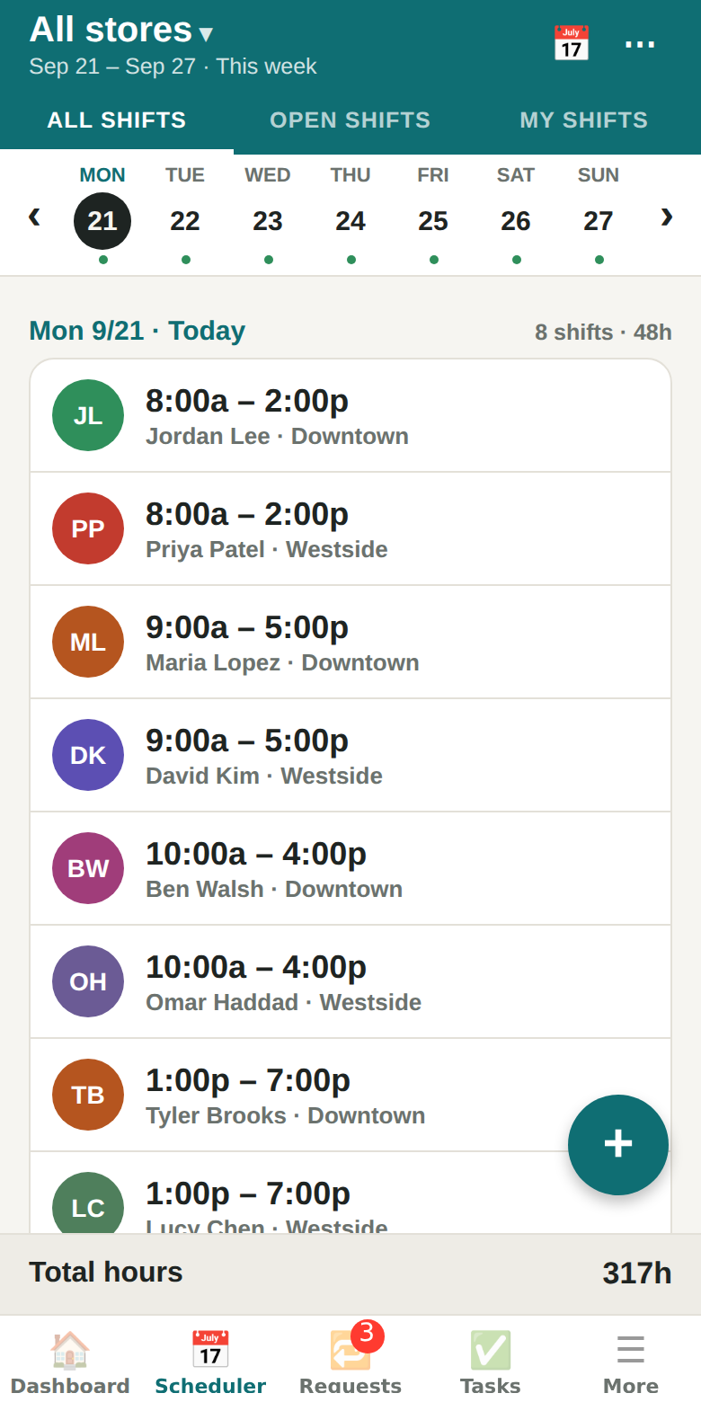 The week's shifts on a phone, one row per shift