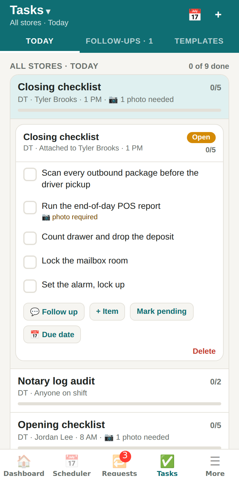 Today's checklists on a phone, one expanded with its items